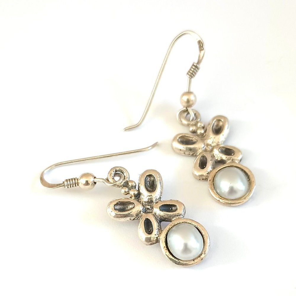 Vintage 925 Pearl Dangle Earrings. Sterling Silver Butterfly Drop Wire Jewelry